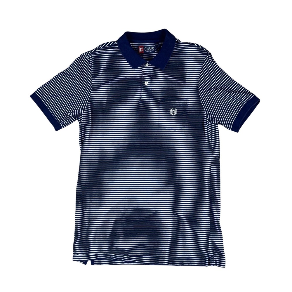 Chaps Polo‎ Shirt Men's Medium Navy White Striped Short Sleeve Classic Fit